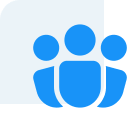 Three stylized blue figures representing a group or team on a light gray background.