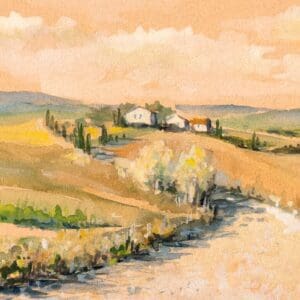 Watercolor landscape of a serene rural scene with rolling hills, a winding path, and a few houses scattered under a soft, cloudy sky.