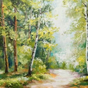 A scenic painting of a forest trail lined with lush green trees and a sunlit path, creating a tranquil and inviting atmosphere.
