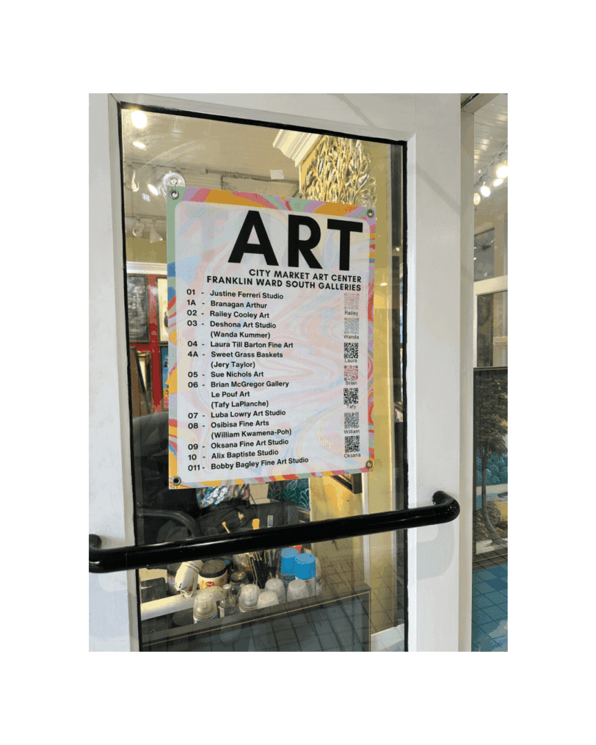 Art supply store hours and policies posted on a glass door.