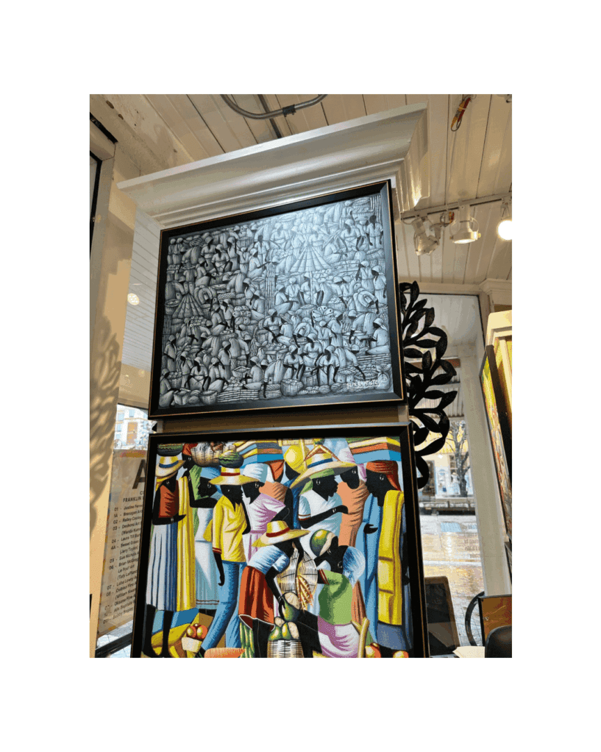 Abstract art displayed in a gallery with vibrant colors and intricate patterns.