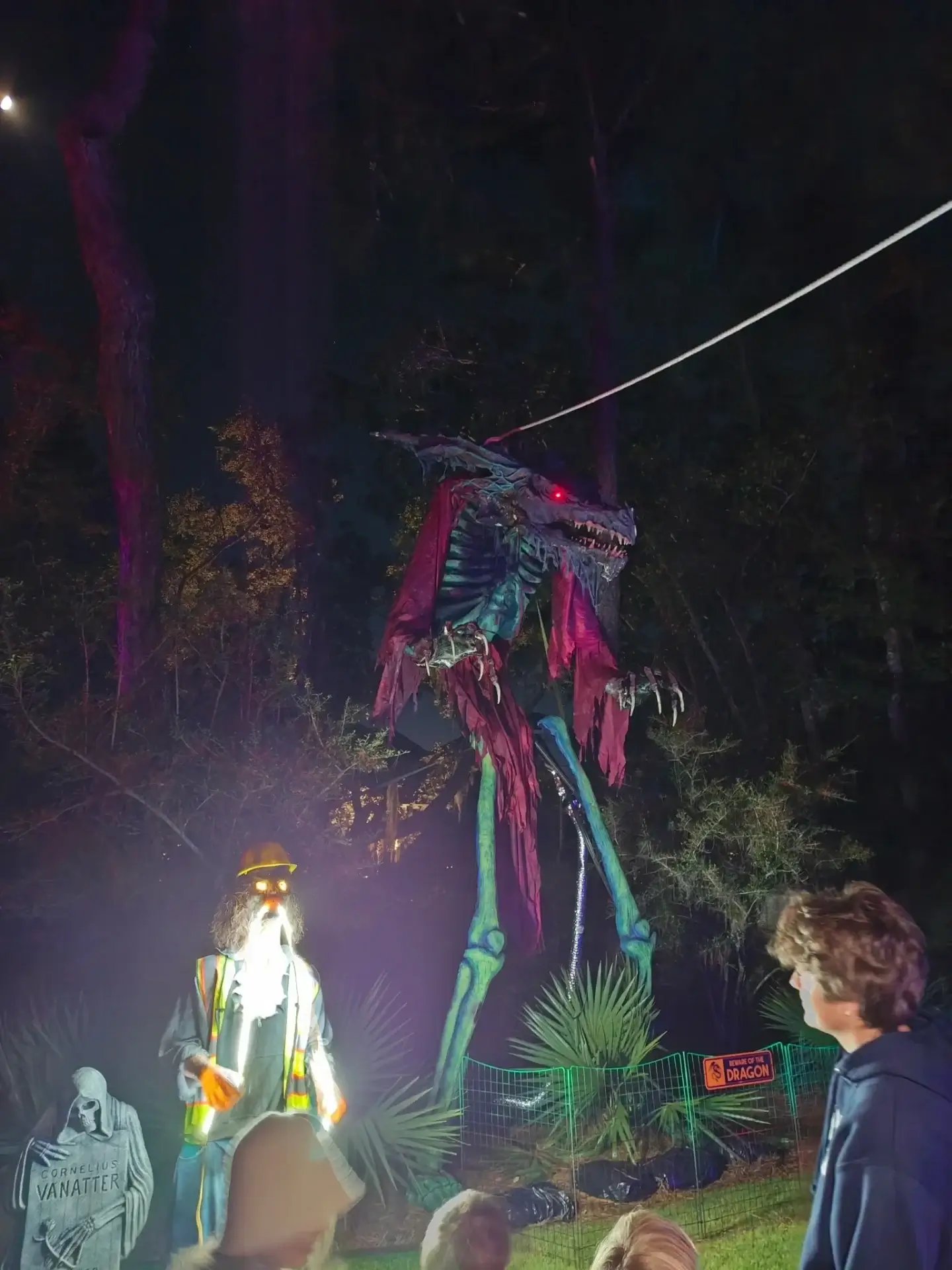 Halloween display with dragon and people observing.