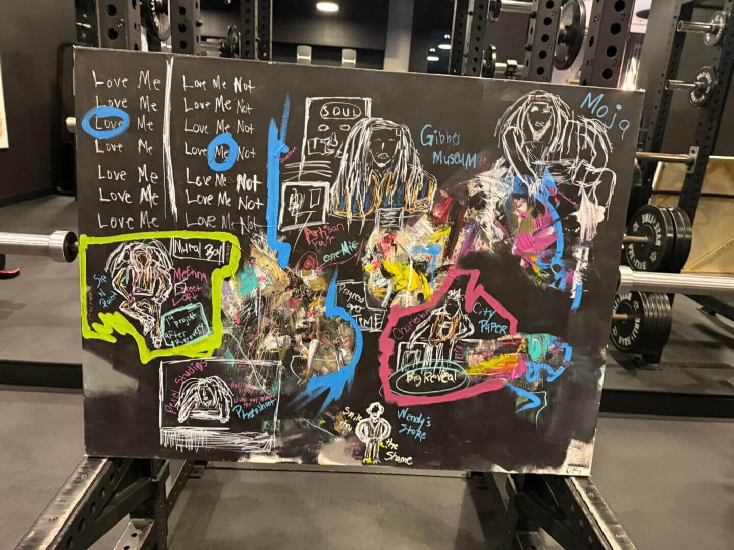 Chalkboard with colorful abstract drawings and text.