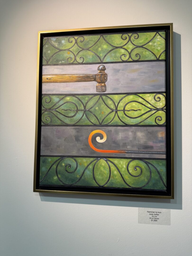 Abstract painting with green swirling patterns.