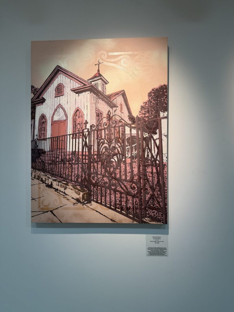Painting of a church with ornate gate.