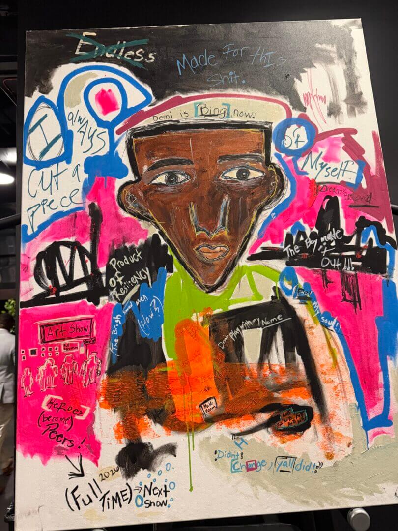 Abstract painting with colorful, expressive graffiti elements.
