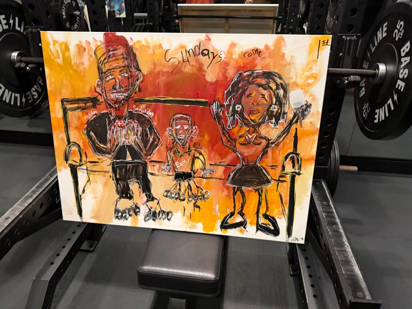 Colorful abstract painting of three people.